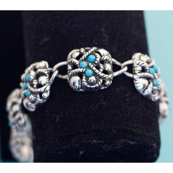 Vintage Blue and Silver Tone Art Nouveau 7 3/4 Inch Bracelet by Avon, E24 - Picture 2 of 4